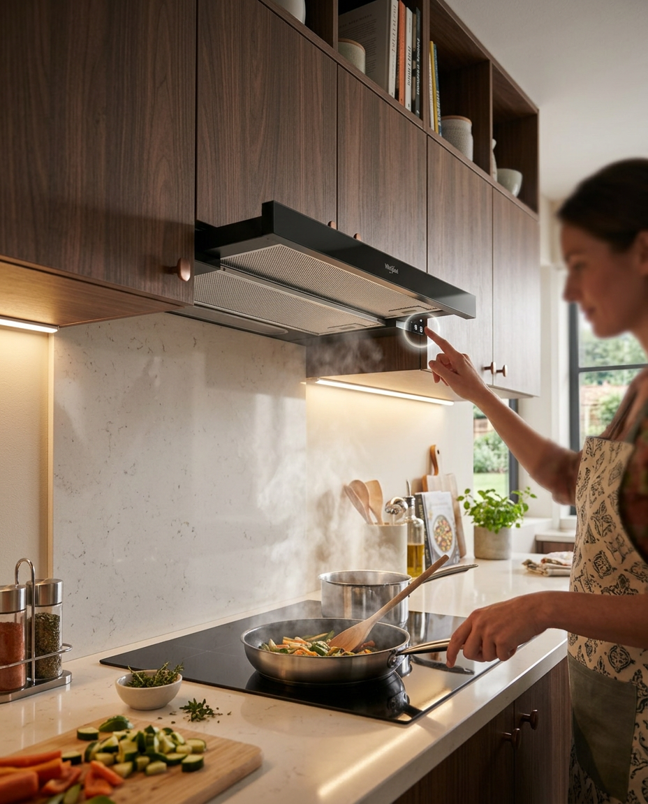 Whirlpool AKR 750 G K – vestavný výsuvný odsavač par 60 cm, černé sklo, LED osvětlení a 3 stupně výkonu