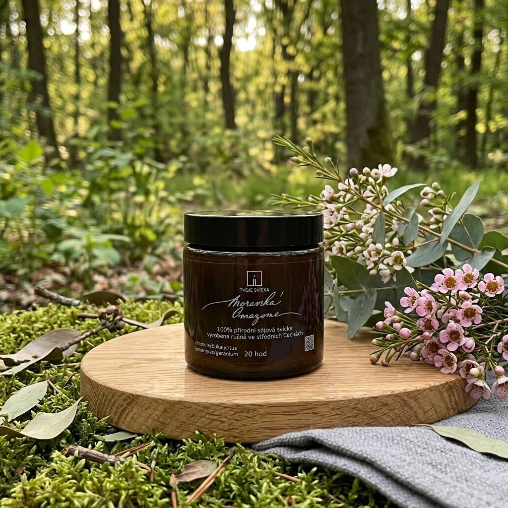 Vonná svíčka MORAVSKÁ AMAZONIE - citronela, eukalyptus, lemongras, geranium - černá s víčkem malá