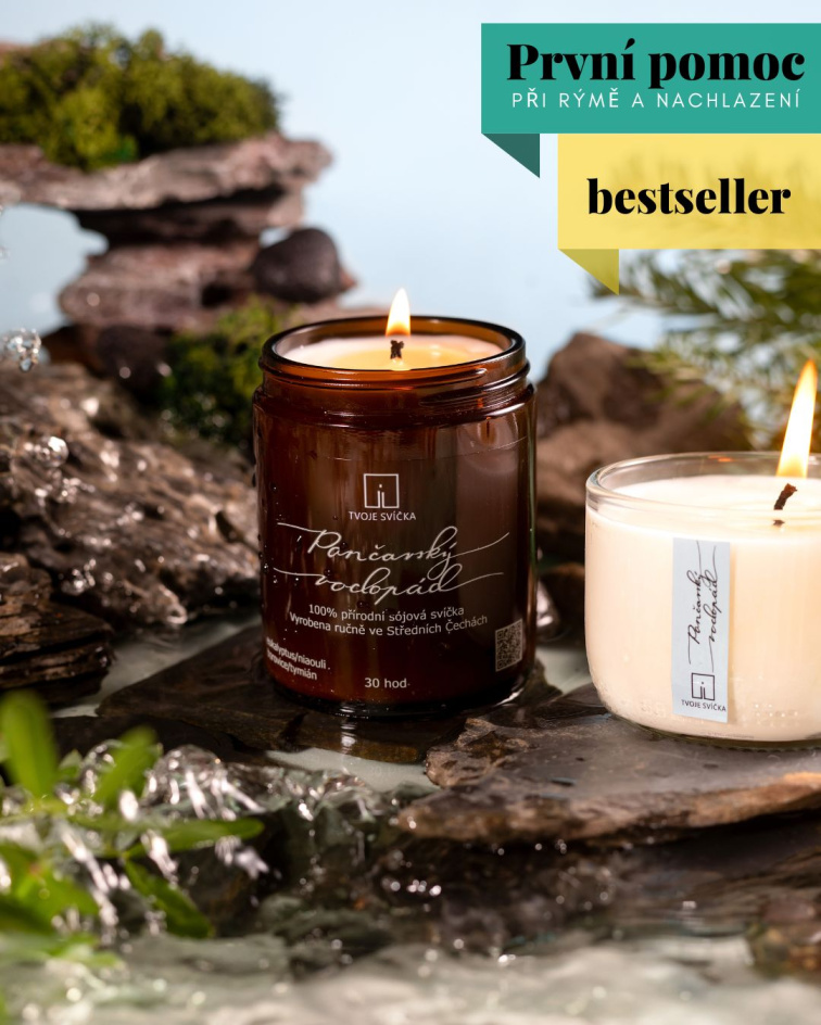 Vonná svíčka Pančavský vodopád - eukalyptus, niaouli, červený tymián, borovice - recyklované sklo střední