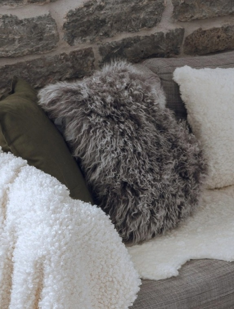 Polštář Snowtop, tibetská kožešina, šedá, 40x40 cm