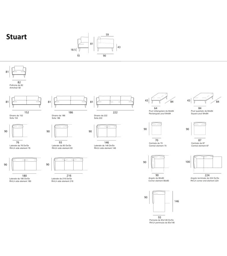 Minimalistická pohovka Stuart, 222 cm, kůže, látka