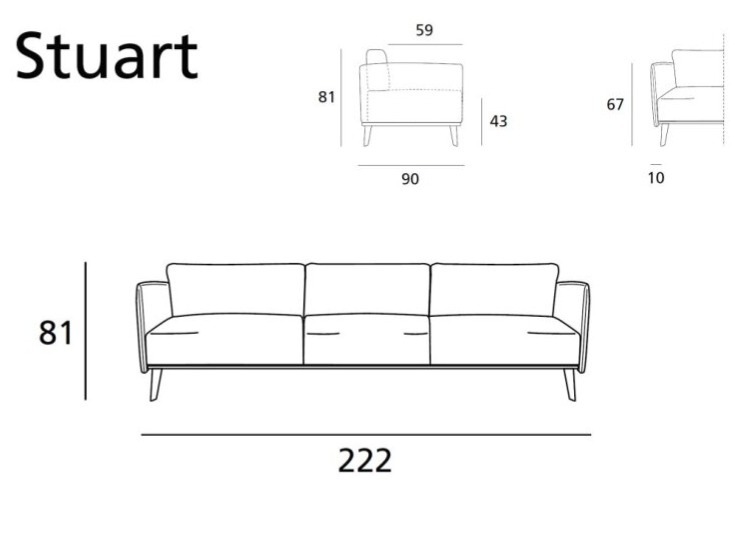 Minimalistická pohovka Stuart, 222 cm, kůže, látka