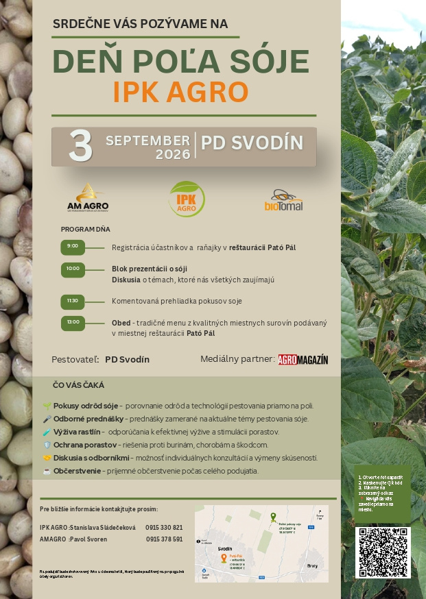 Deň poľa sóje IPK AGRO 2026: Stretnime sa vo Svodíne