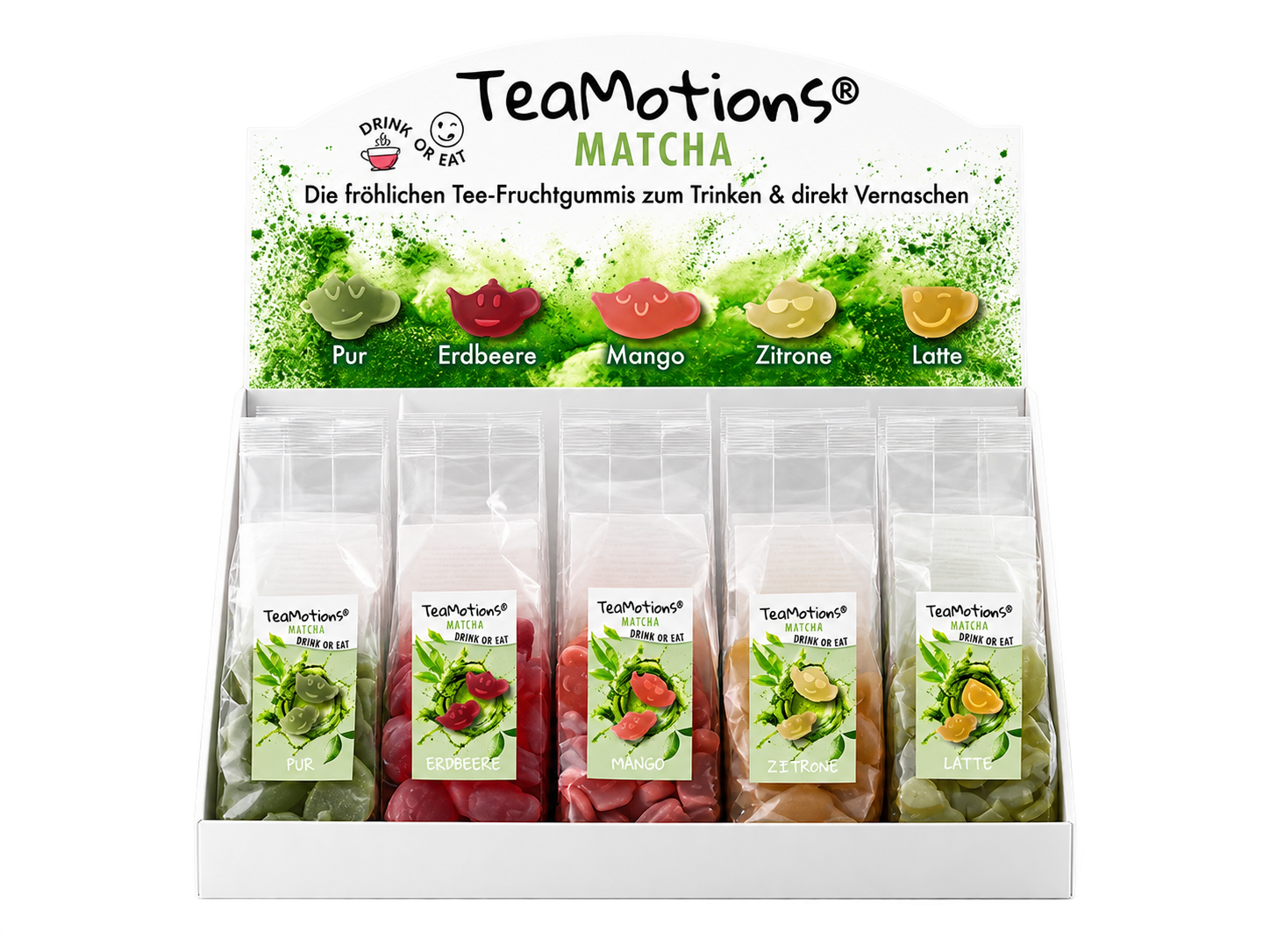 TeaMotions Matcha Display – 5 príchutí Pure, Strawberry, Mango, Lemon a Matcha Latte