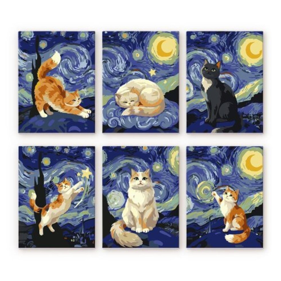 Mini malování podle čísel - KOČIČÍ HVĚZDNÁ NOC 15 x 20 cm 6 obrázků bez rámu