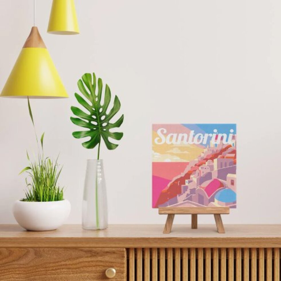 Mini malování podle čísel - Travel Poster ZÁPAD SLUNCE SANTORINI 20 x 20 cm na rámu