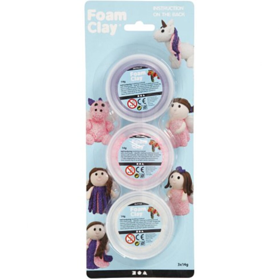 Samotvrdnoucí modelovací pěnová kuličková hmota Foam Clay SADA - BÍLÁ, GLITTER RŮŽOVÁ, METALICKÁ FIA