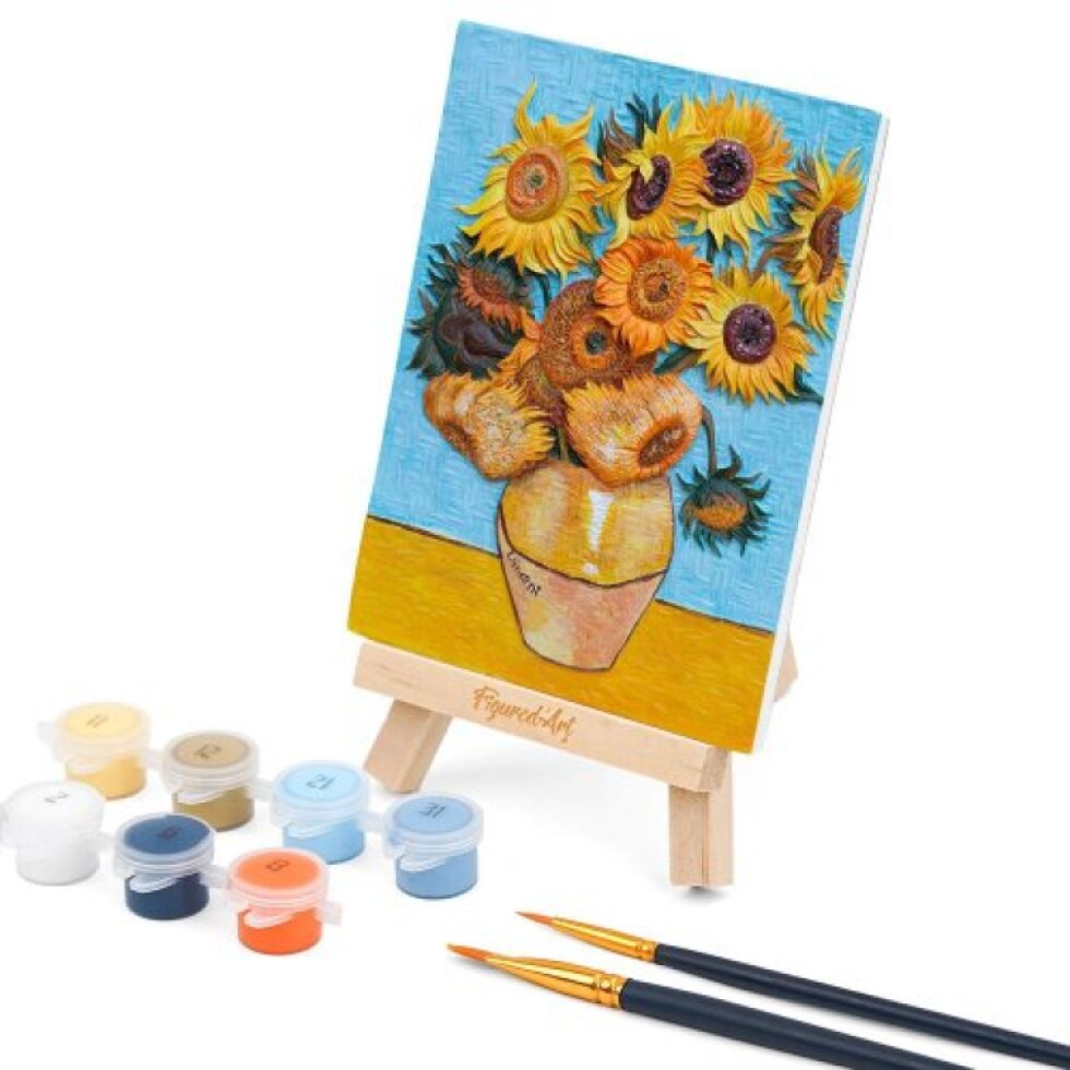 3D RELIÉFNÍ MALBA - SLUNEČNICE VAN GOGH - sběratelská sada s dřevěným stojánkem