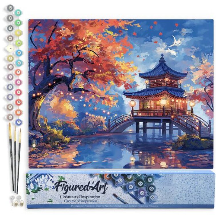 Malování podle čísel - PAGODA ZA PODZIMNÍ NOCI bez rámu 40 x 50 cm