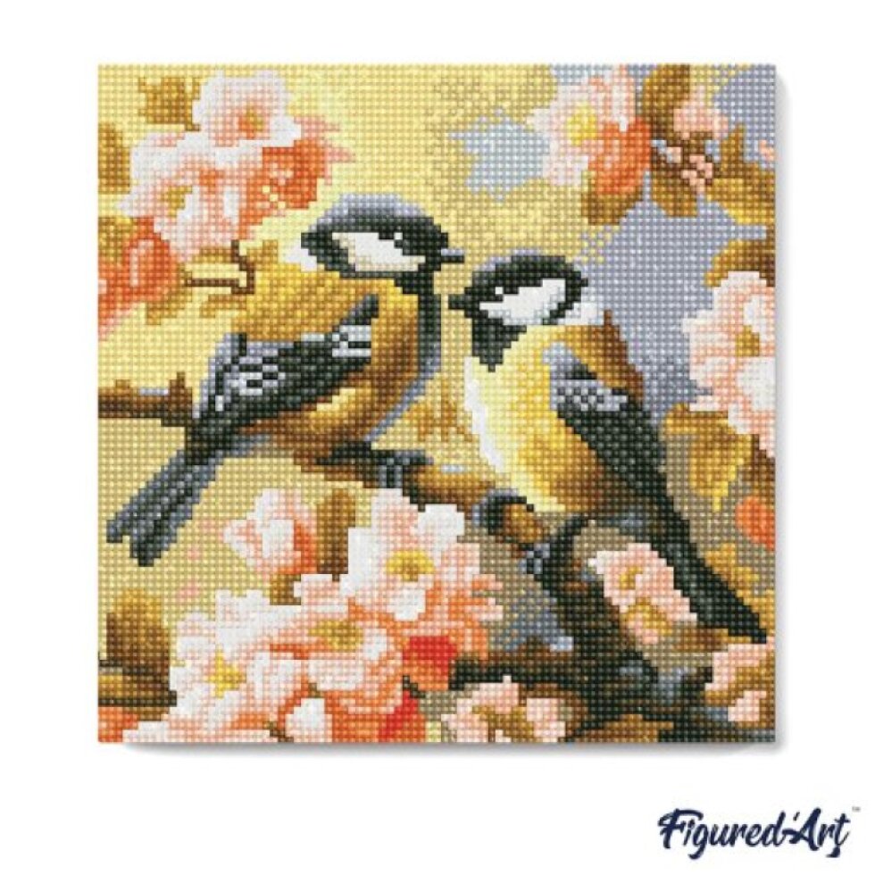 Mini diamantové malování - DVA PTÁČCI NA KVETOUCÍ VĚTVIČCE bez rámu 25 x 25 cm