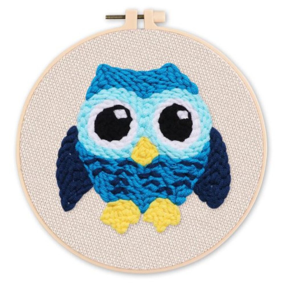 Vyšívání dutou jehlou sada - MODRÁ SOVA 20x20 cm kulatý rám