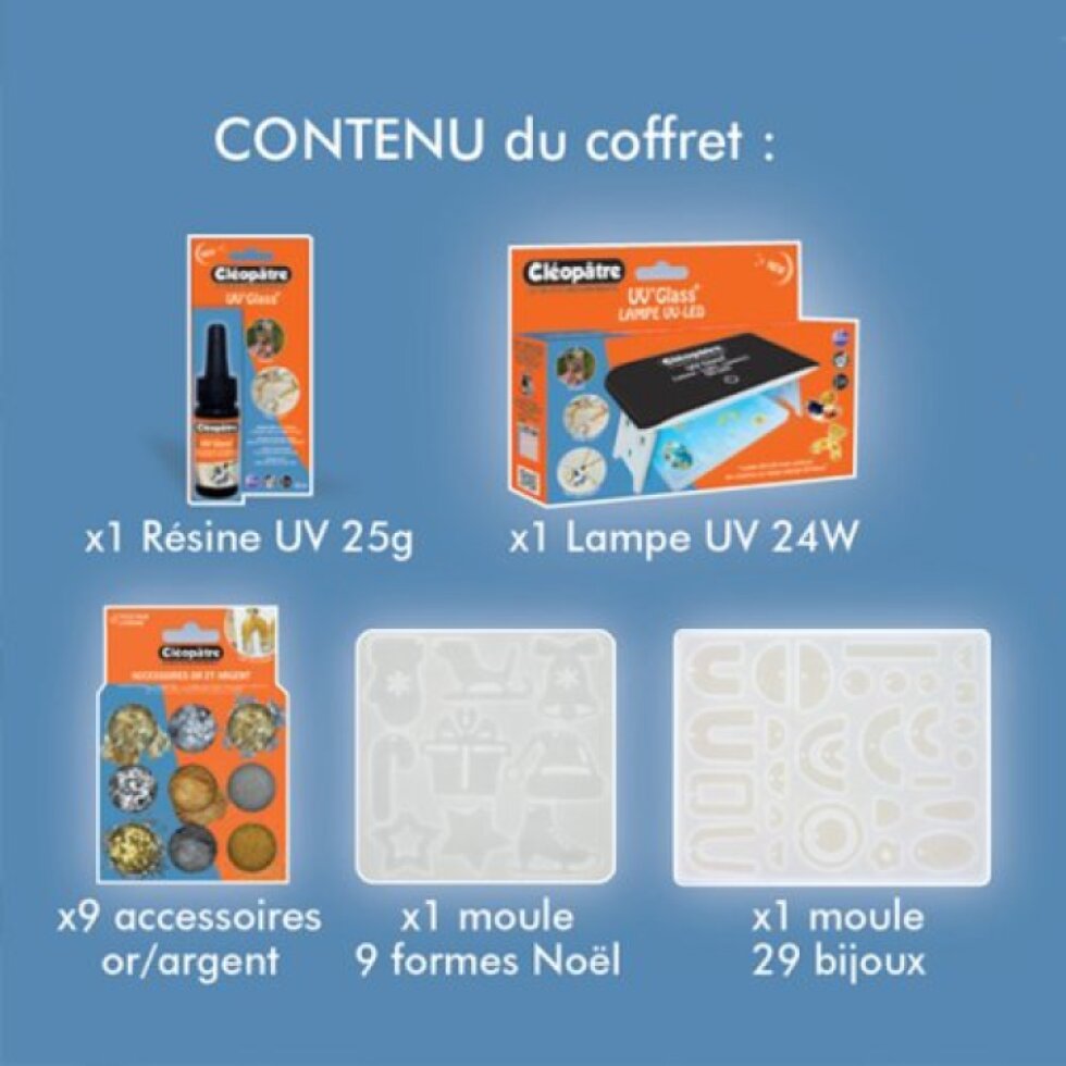 Kreativní sada UV pryskyřice 25 ml + UV lampa 24 W + 9 třpytek a akcentů + 2 formy