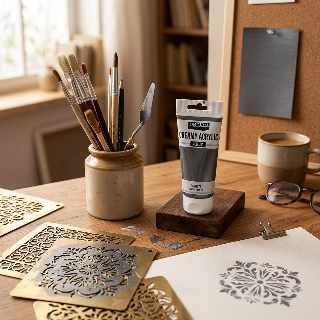 Krémová akrylová barva metalická PENTART 60 ml GRAFITOVÁ