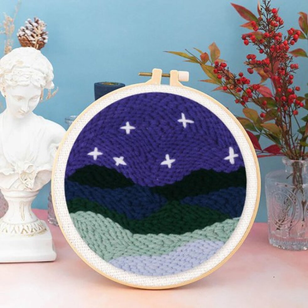 Vyšívání dutou jehlou sada - POD HVĚZDAMI 20x20 cm kulatý rám