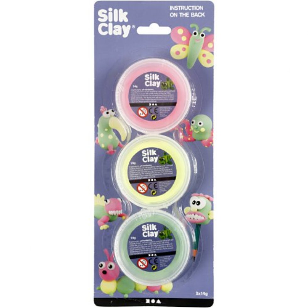 Silk Clay hedvábná modelovací hmota SADA 3 barev - SVĚTLÁ ZELENÁ, NEON RŮŽOVÁ, NEON ŽLUTÁ