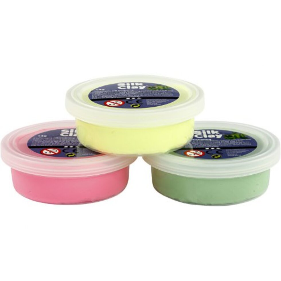 Silk Clay hedvábná modelovací hmota SADA 3 barev - SVĚTLÁ ZELENÁ, NEON RŮŽOVÁ, NEON ŽLUTÁ