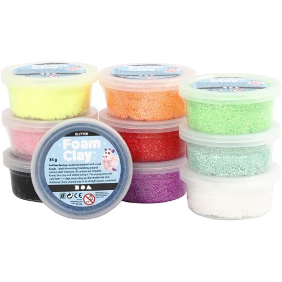 Samotvrdnoucí modelovací pěnová kuličková hmota Foam Clay SADA 10x35g TŘPYTIVÉ BARVY