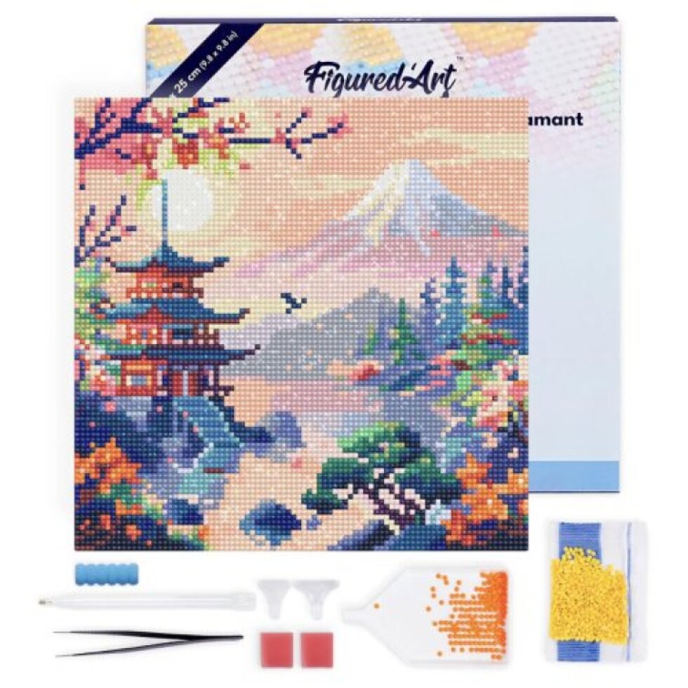 Mini diamantové malování - PAGODA POD HOROU FUJI na rámu 25 x 25cm