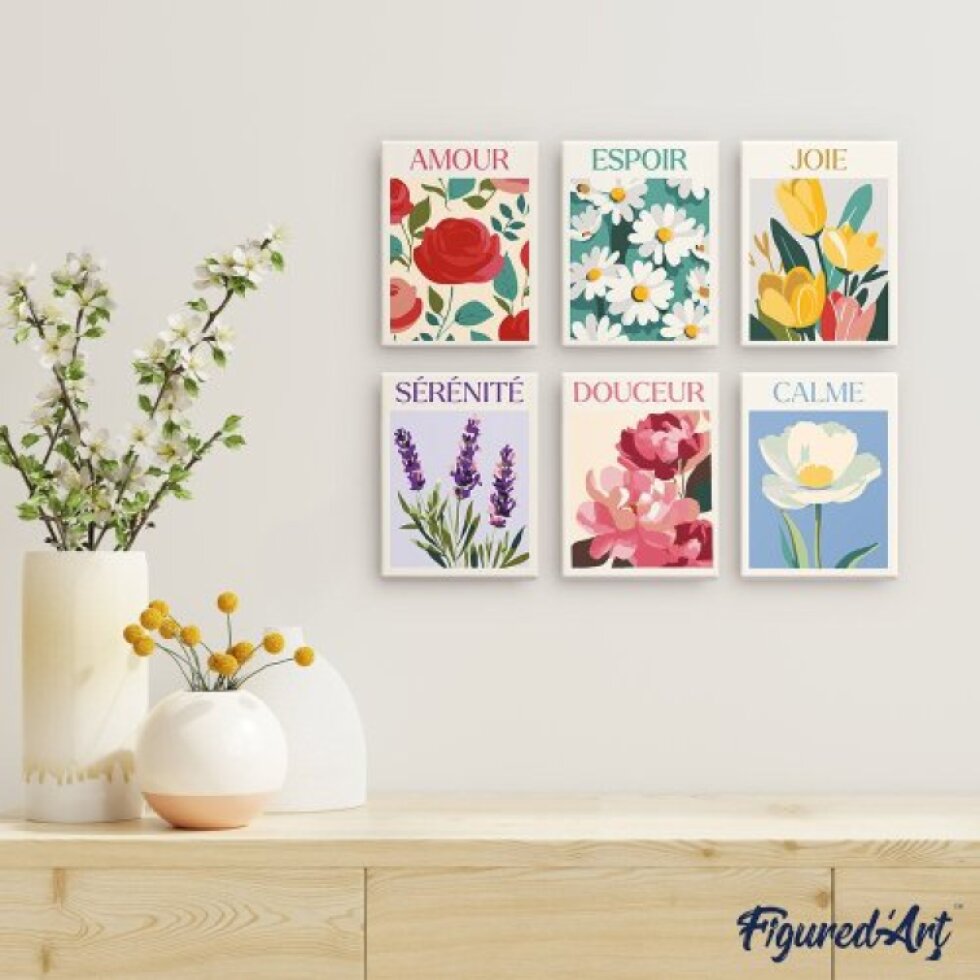 Mini malování podle čísel - KVĚTINY ŠTĚSTÍ 15 x 20 cm 6 obrázků na rámu