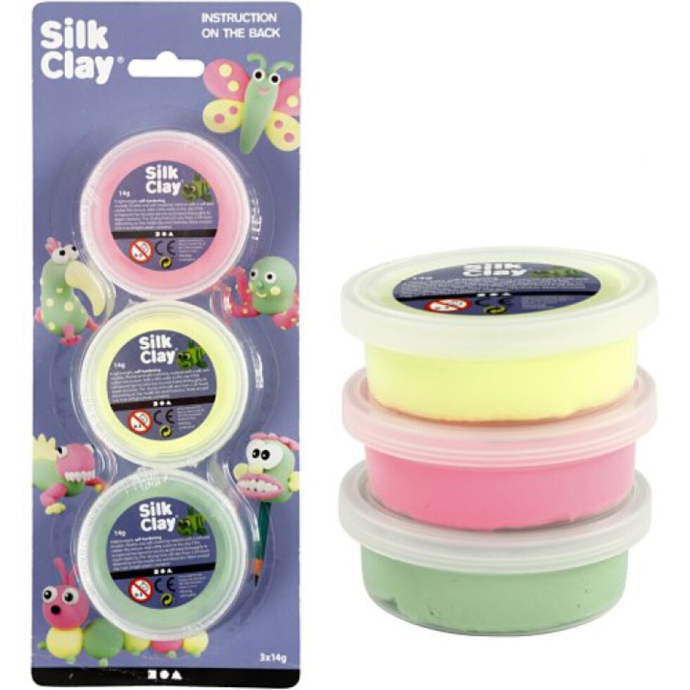 Silk Clay hedvábná modelovací hmota SADA 3 barev - SVĚTLÁ ZELENÁ, NEON RŮŽOVÁ, NEON ŽLUTÁ