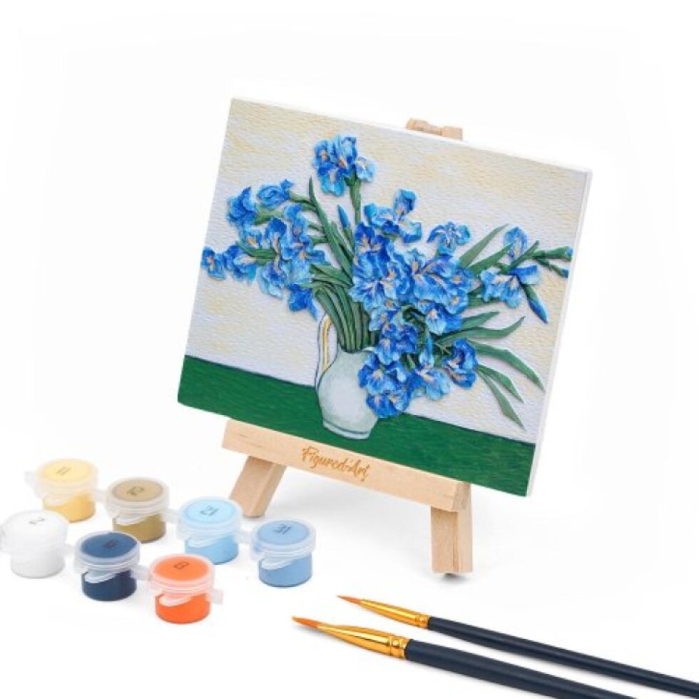 3D RELIÉFNÍ MALBA - KOSATCE VAN GOGH - sběratelská sada s dřevěným stojánkem