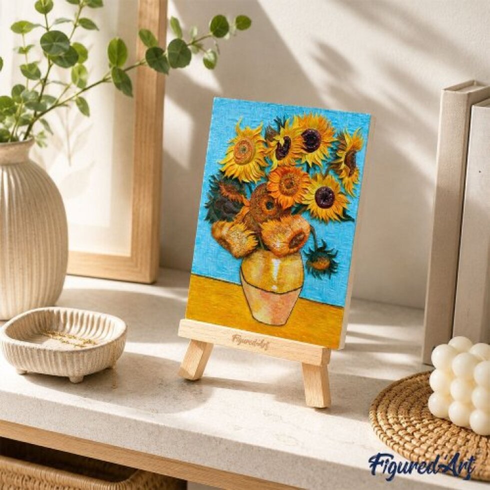 3D RELIÉFNÍ MALBA - SLUNEČNICE VAN GOGH - sběratelská sada s dřevěným stojánkem