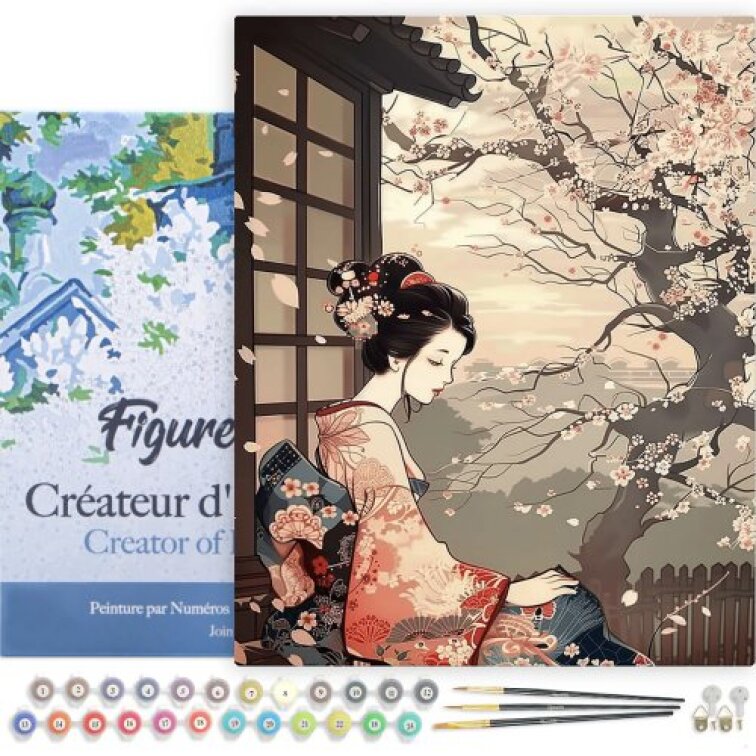 Malování podle čísel - ŽENA V KIMONU A SAKURA na rámu 40 x 50 cm