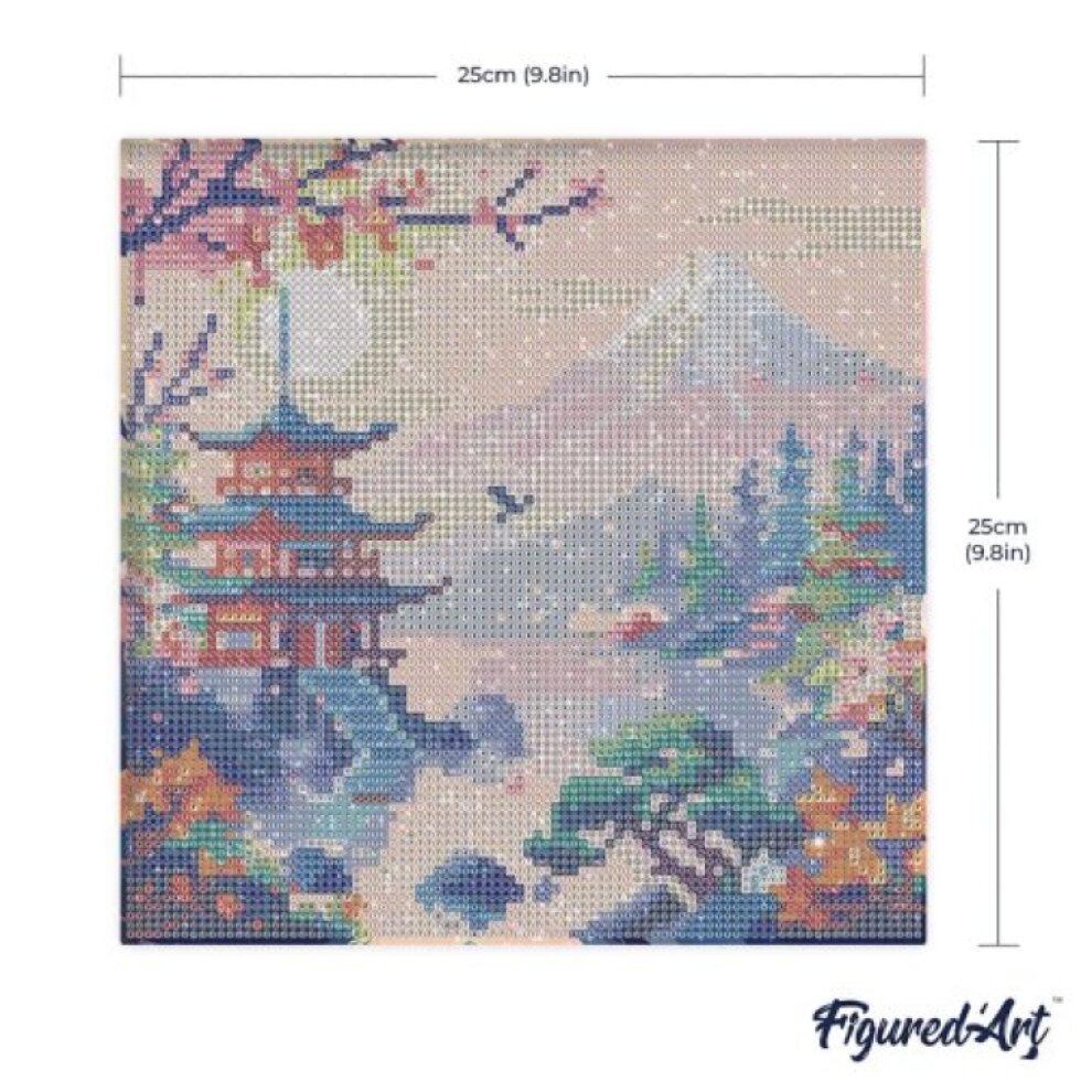 Mini diamantové malování - PAGODA POD HOROU FUJI na rámu 25 x 25cm