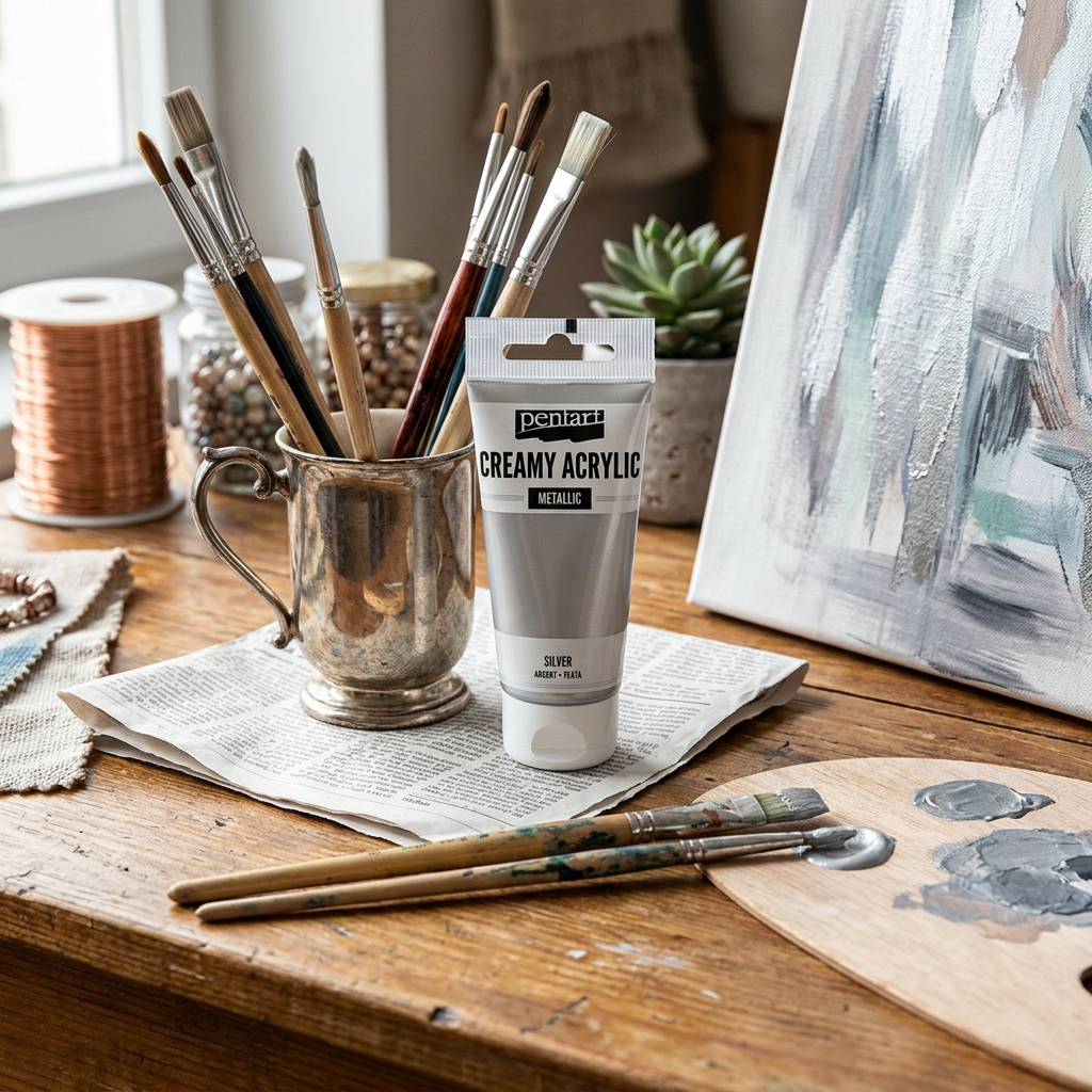 Krémová akrylová barva metalická PENTART 60 ml STŘÍBRNÁ