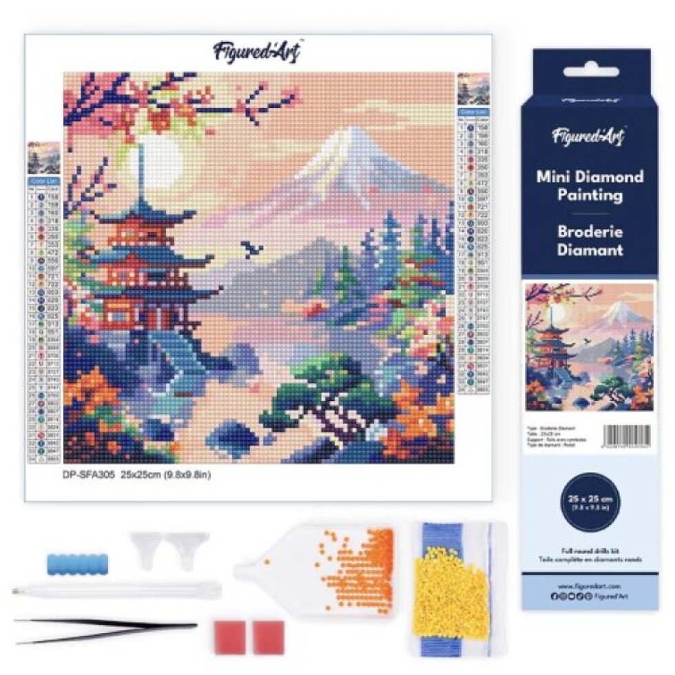 Mini diamantové malování - PAGODA POD HOROU FUJI bez rámu 25 x 25cm
