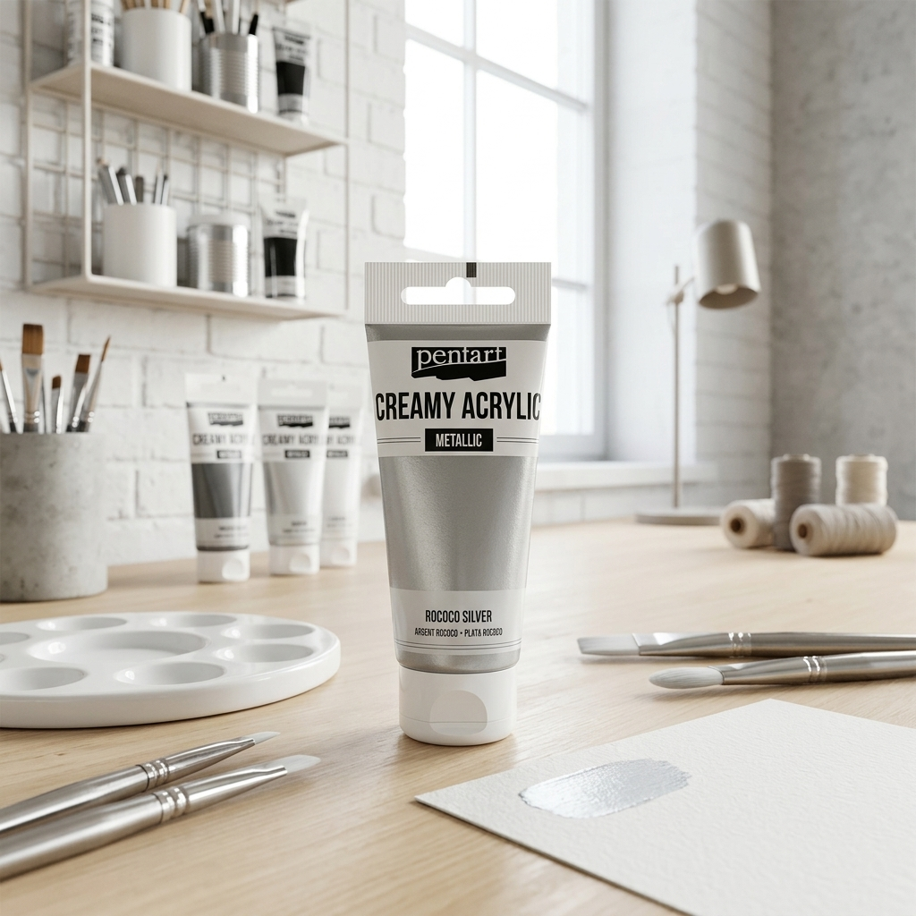 Krémová akrylová barva metalická PENTART 60 ml ROKOKO STŘÍBRNÁ