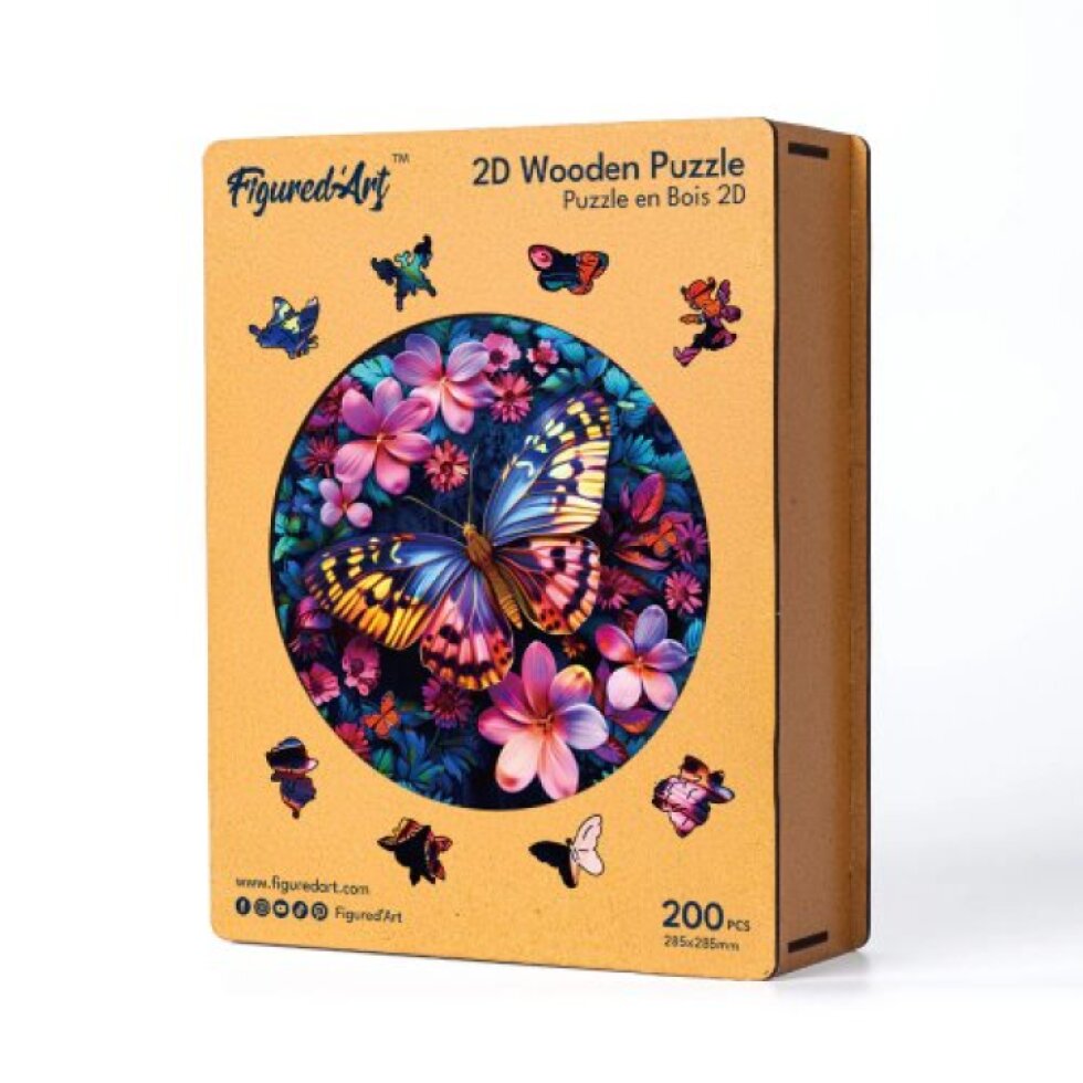 Dřevěné puzzle 2D sada - MOTÝL S KVĚTINAMI