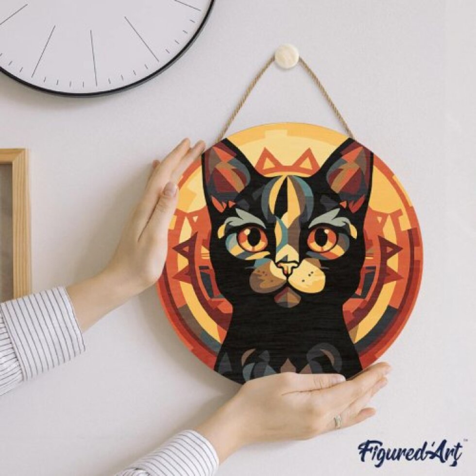 Malování podle čísel na dřevu - ČERNÁ KOČKA ART DECO průměr 30 cm