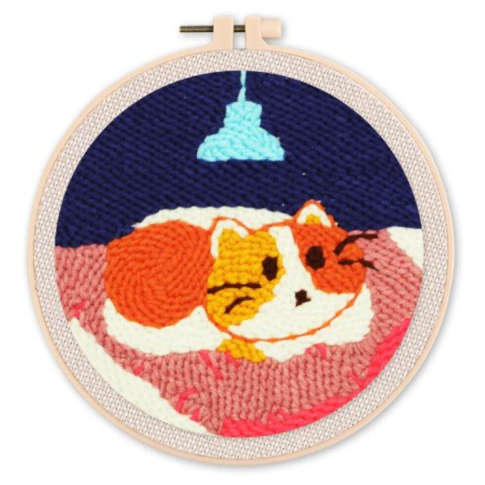 Vyšívání dutou jehlou sada - KOČKA V POSTELI 20x20 cm kulatý rám