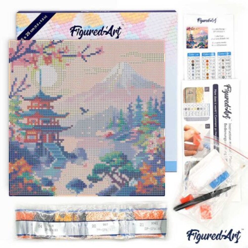 Mini diamantové malování - PAGODA POD HOROU FUJI na rámu 25 x 25cm