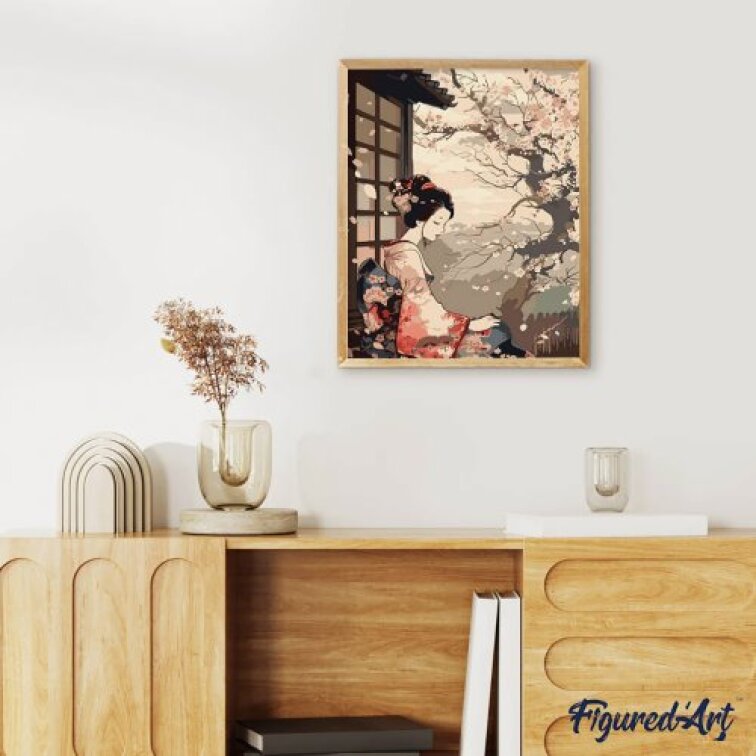 Malování podle čísel - ŽENA V KIMONU A SAKURA na rámu 40 x 50 cm