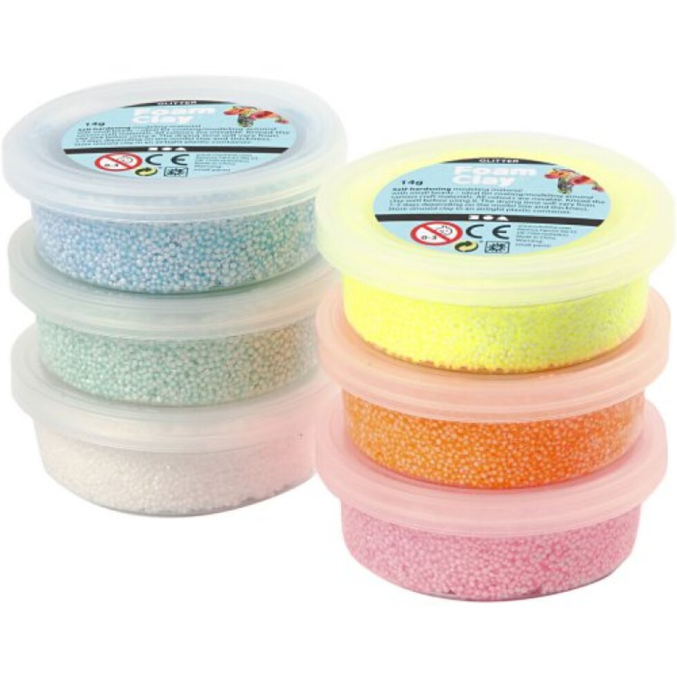 Samotvrdnoucí modelovací pěnová kuličková hmota Foam Clay SADA 6 PASTELOVÝCH A GLITTER BAREV