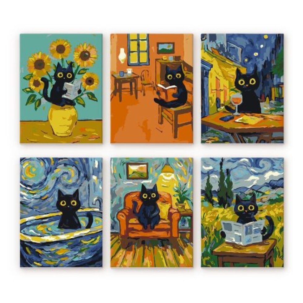 Mini malování podle čísel - ČERNÁ KOČKA VE SVĚTĚ VAN GOGHA 15 x 20 cm 6 obrázků bez rámu