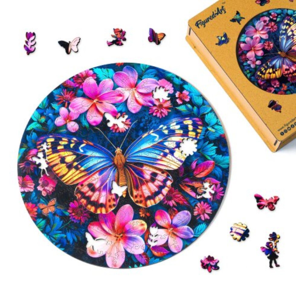Dřevěné puzzle 2D sada - MOTÝL S KVĚTINAMI