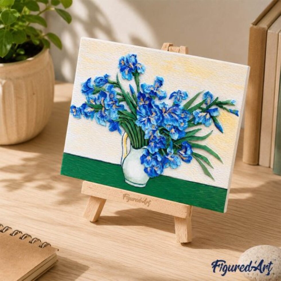 3D RELIÉFNÍ MALBA - KOSATCE VAN GOGH - sběratelská sada s dřevěným stojánkem