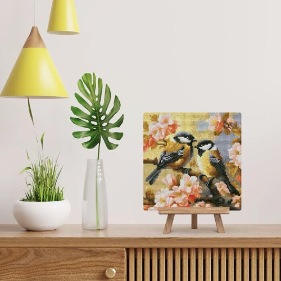 Mini diamantové malování - DVA PTÁČCI NA KVETOUCÍ VĚTVIČCE bez rámu 25 x 25 cm