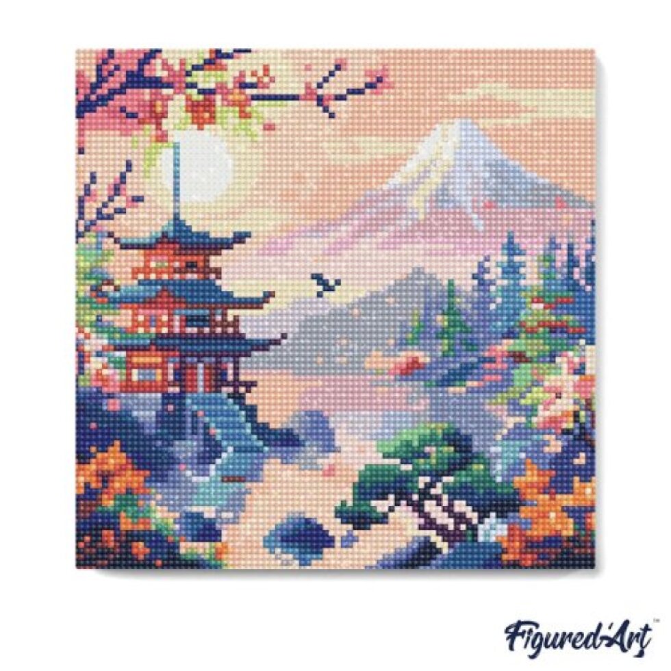 Mini diamantové malování - PAGODA POD HOROU FUJI bez rámu 25 x 25cm