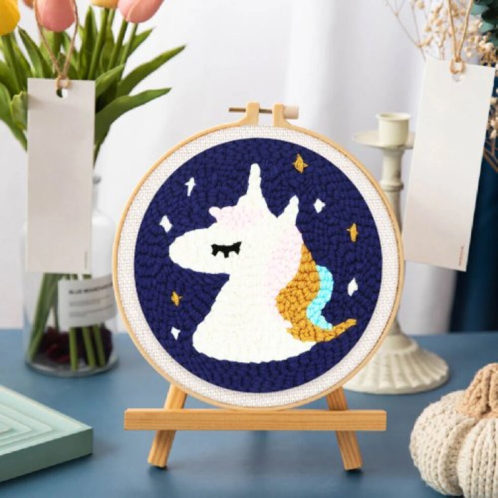Vyšívání dutou jehlou sada - JEDNOROŽEC 20x20 cm kulatý rám