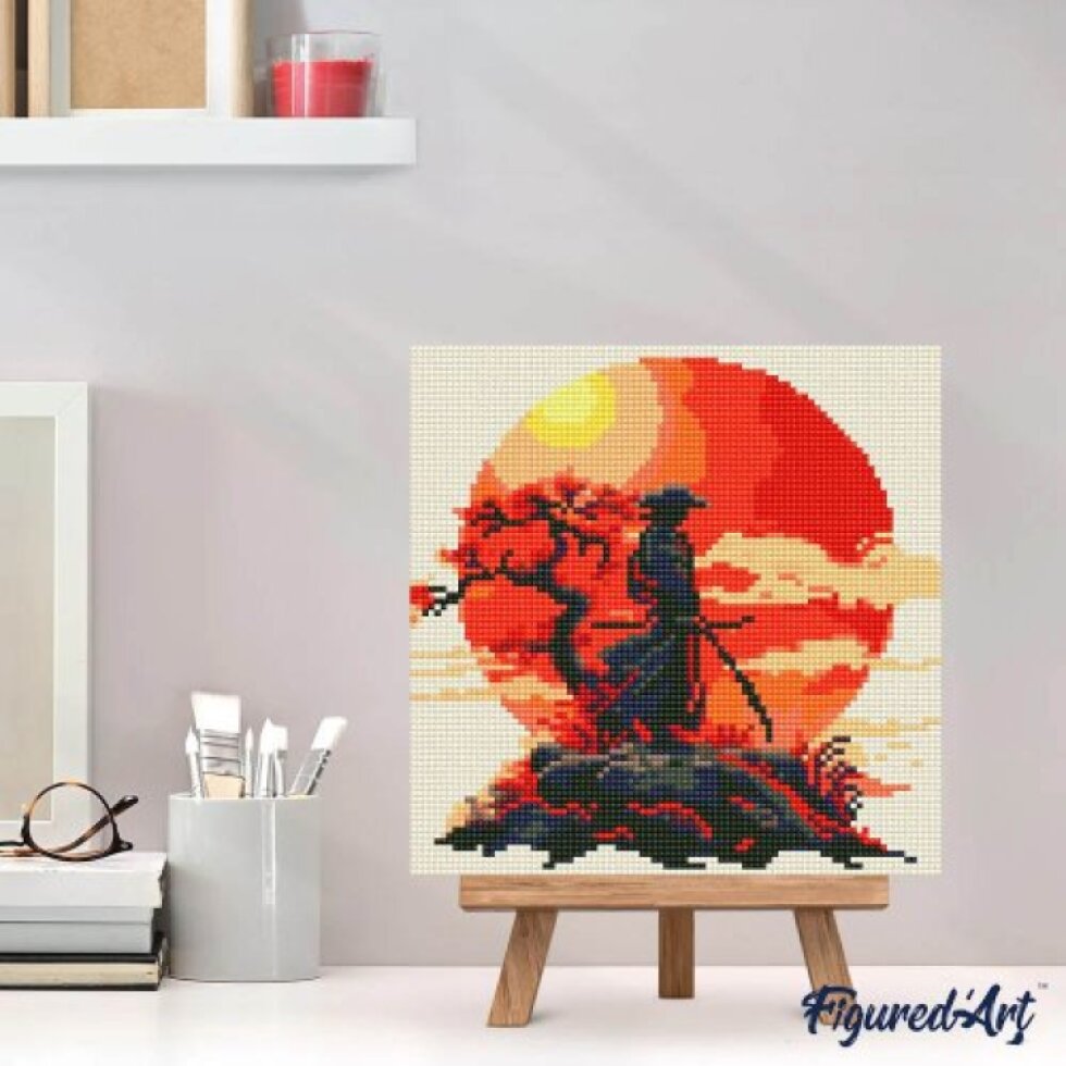Mini malování podle čísel - SAMURAJ PŘI ZÁPADU SLUNCE 25 x 25 cm na rámu