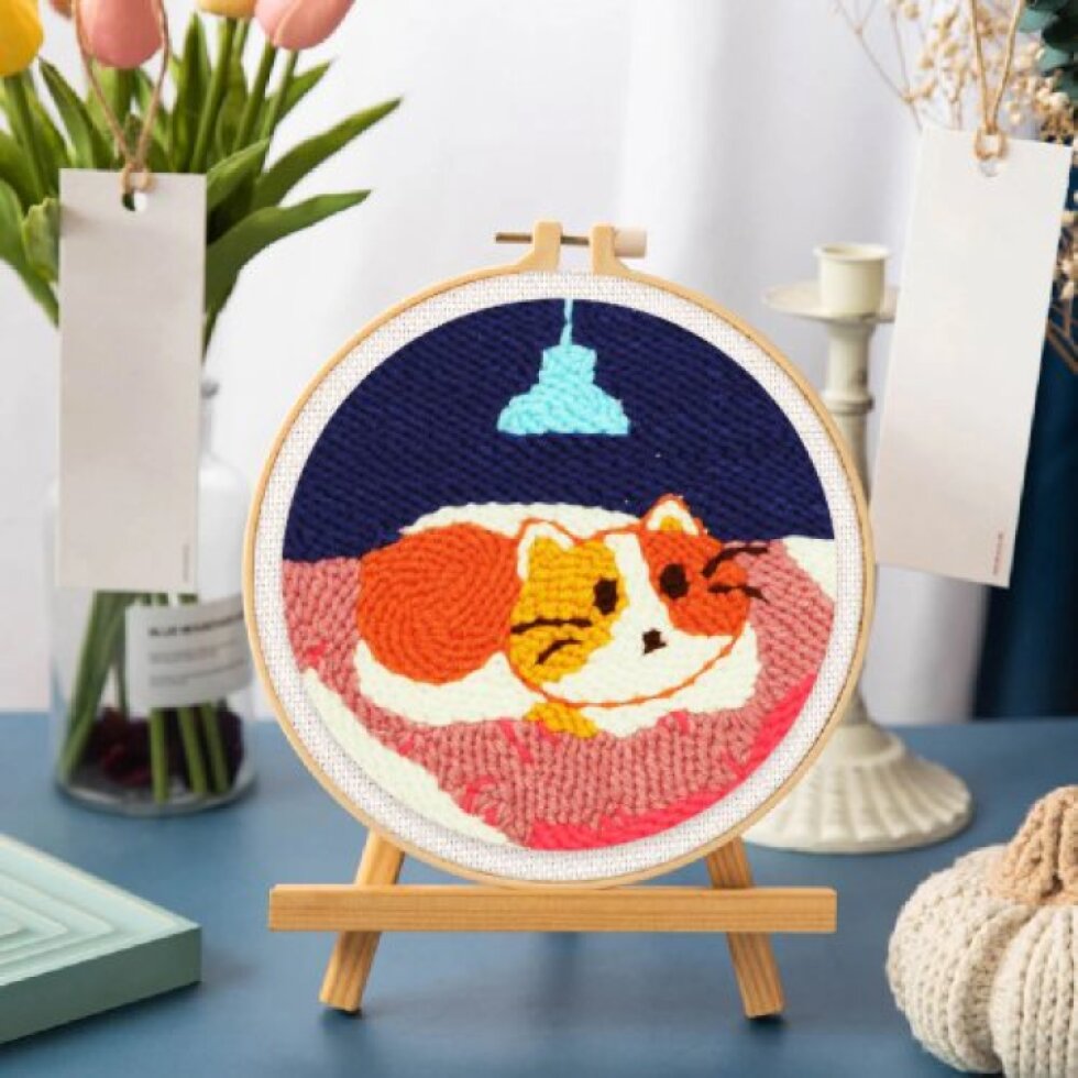 Vyšívání dutou jehlou sada - KOČKA V POSTELI 20x20 cm kulatý rám