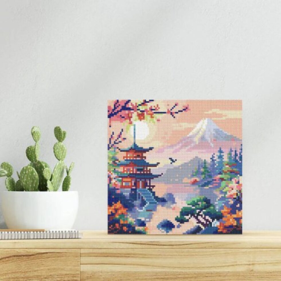 Mini diamantové malování - PAGODA POD HOROU FUJI bez rámu 25 x 25cm