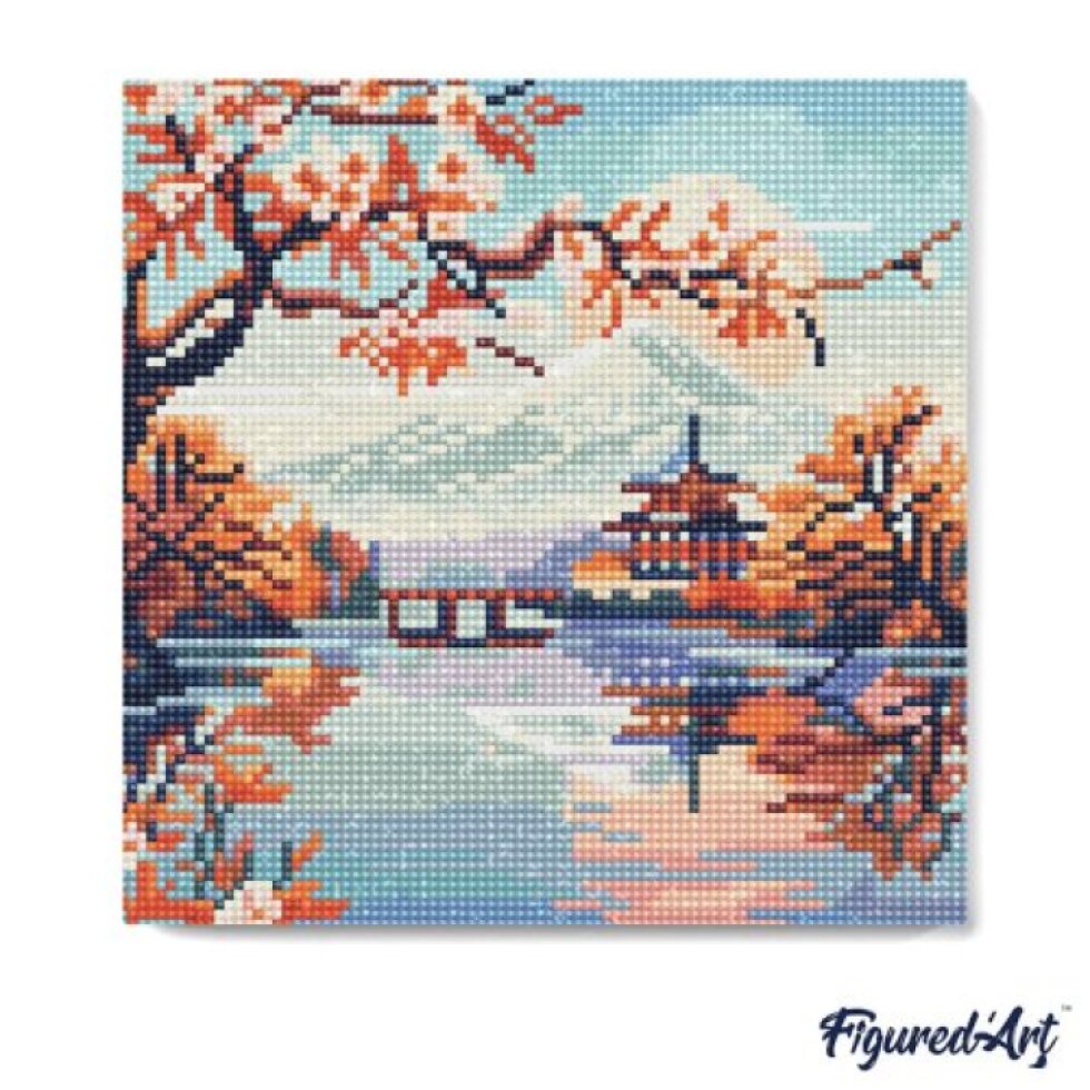 Mini diamantové malování - FUJI NAD JEZEREM bez rámu 25 x 25cm