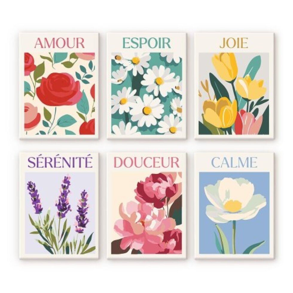 Mini malování podle čísel - KVĚTINY ŠTĚSTÍ 15 x 20 cm 6 obrázků bez rámu