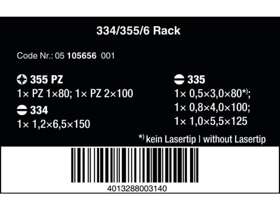 Wera 105656 skrutkovače Kraftform Plus Lasertip 334/355/6 Rack (Sada 6 ks a stojan)