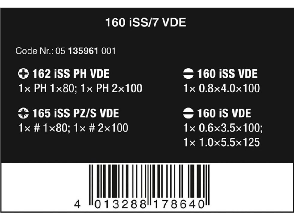 Wera 135961 Elektrikárske skrutkovače Kraftform Plus VDE 160 iSS/7, izolovaé, extra zúžené (Sada 7 dielov)